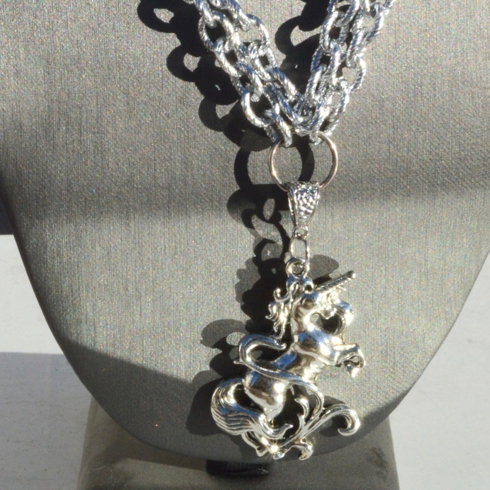 Silver Unicorn Pendant Cable Chain Necklace Long - Picture 2 of 6